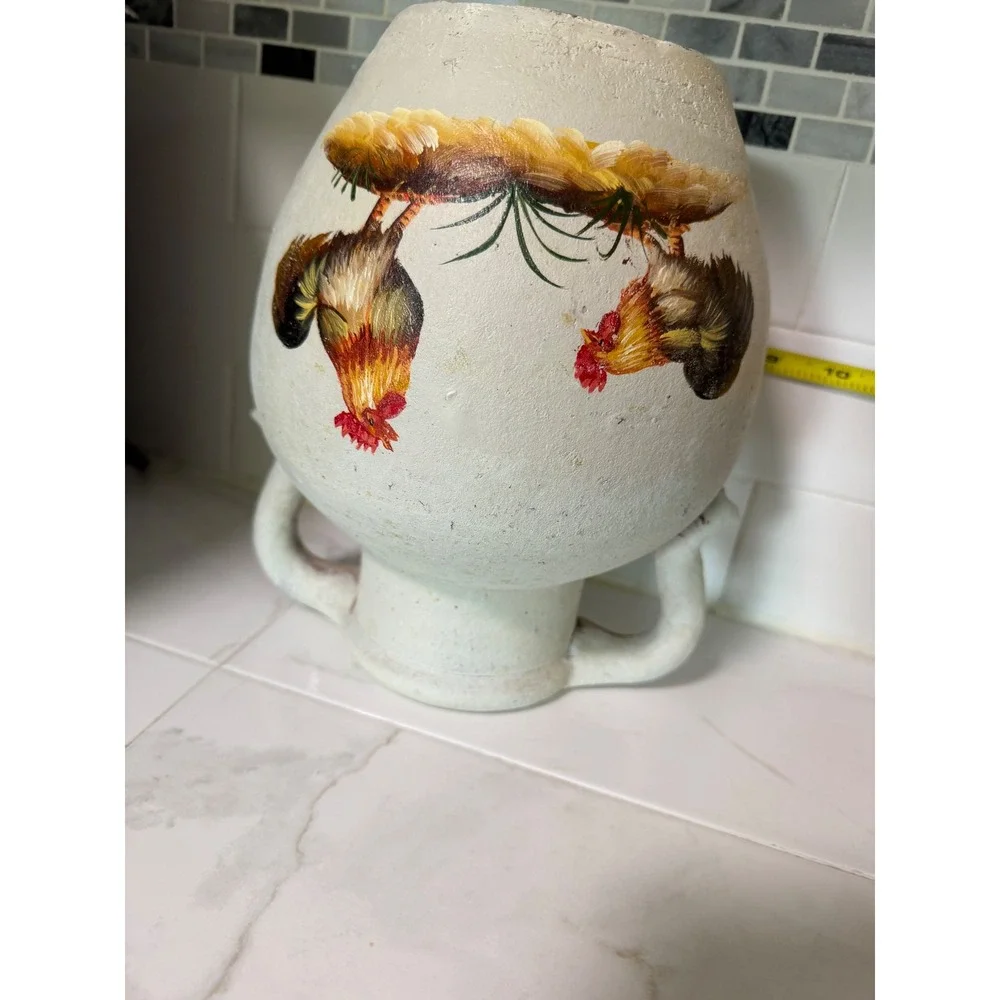 Vintage Hand Painted Rooster Terracotta Vase Double Handle Farmhouse Pottery 9